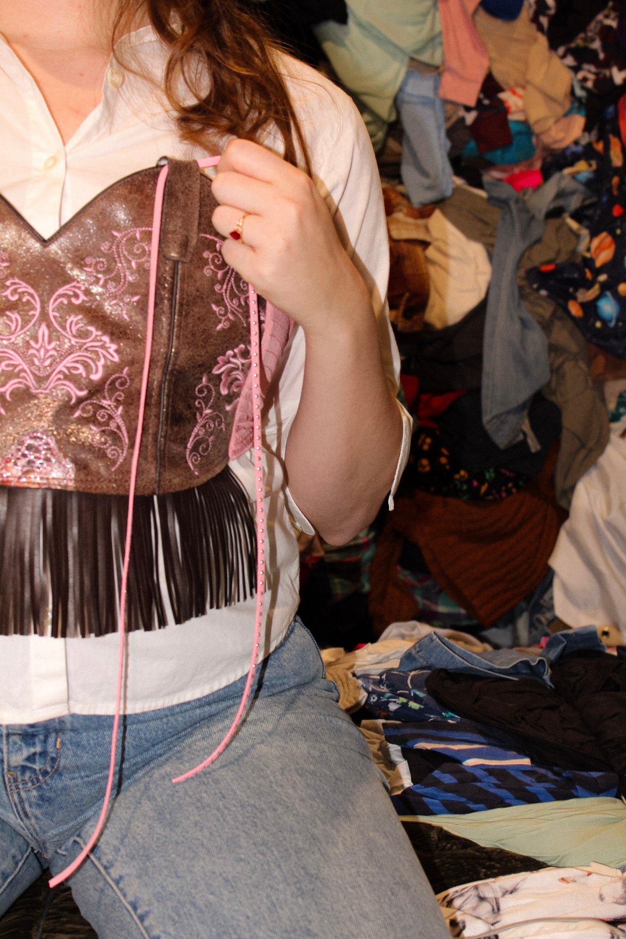 Brown and Pink  One Panel Boot Top With Fringe