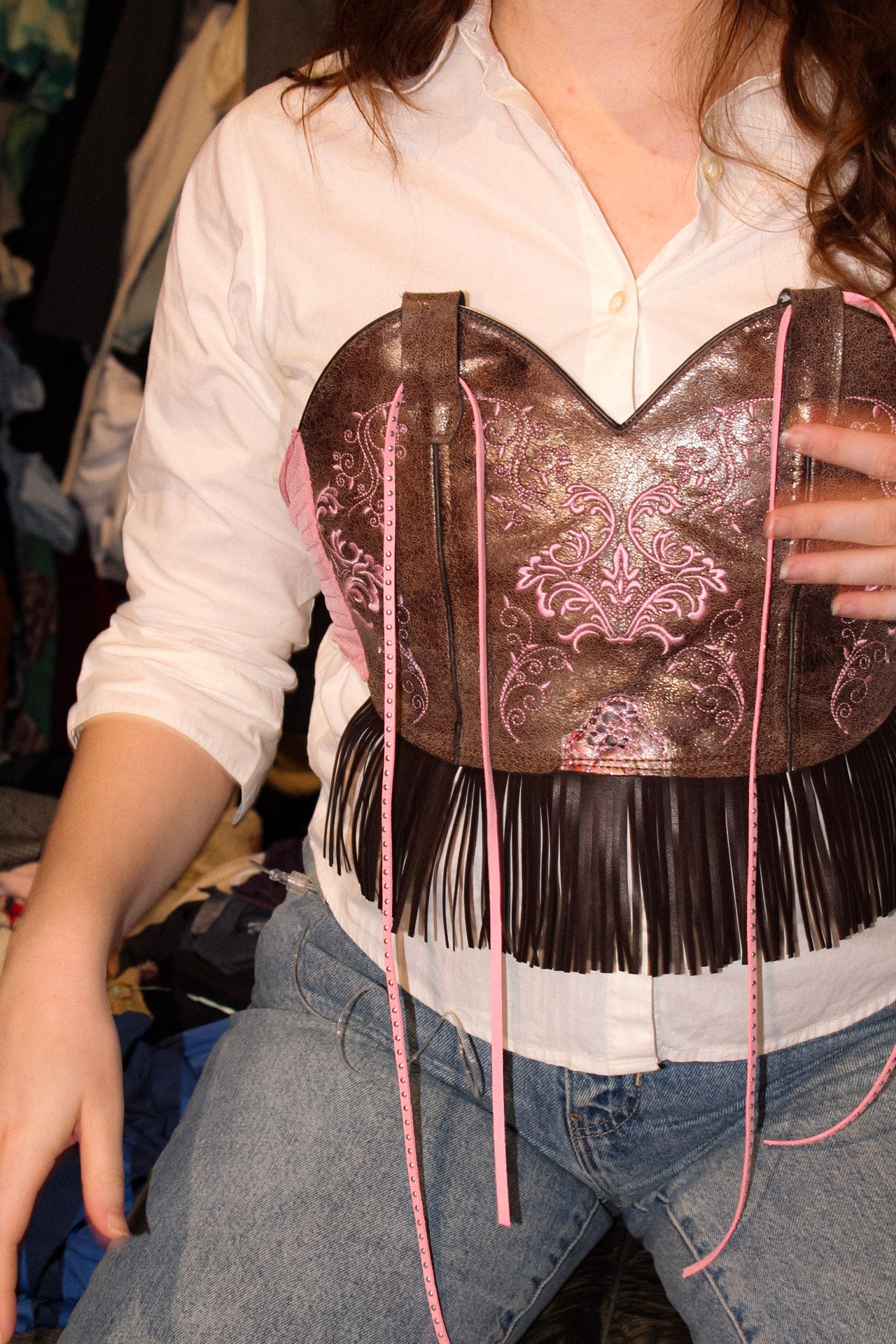 Brown and Pink  One Panel Boot Top With Fringe