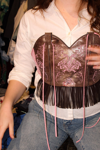 Brown and Pink  One Panel Boot Top With Fringe