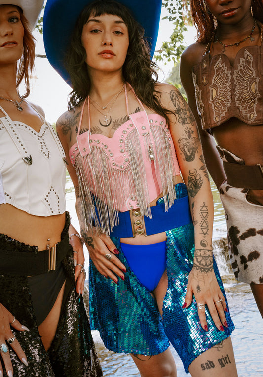 Pink Rhinestone Fringe Cowboy Boot Top